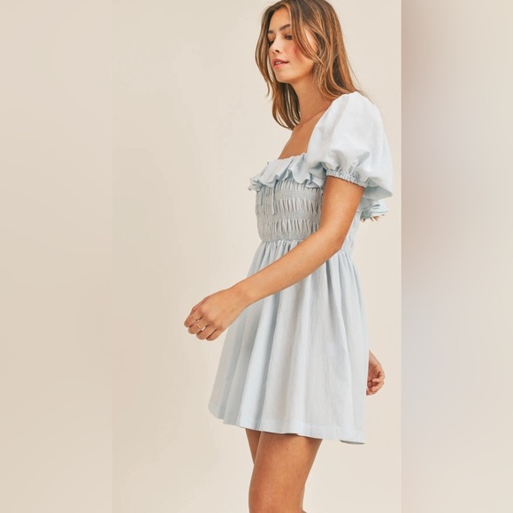 Mable AVA Mini Dress Light blue Puff Sleeve  smocked bodice Women's Size Medium - Picture 4 of 12
